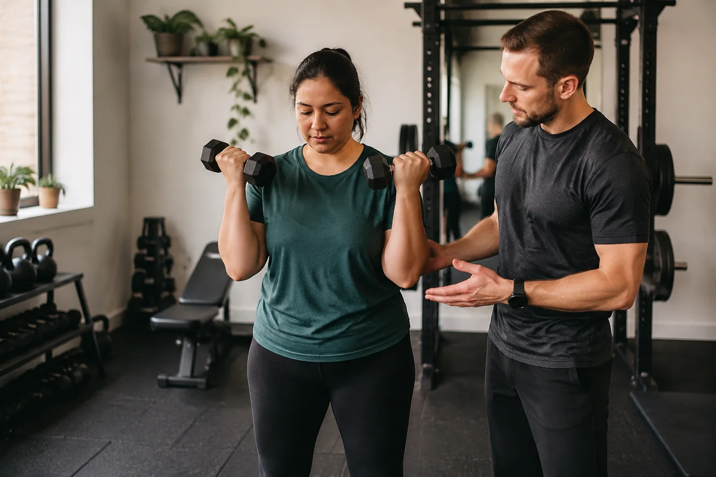 A personal trainer helping a client in a neighborhood fitness studio