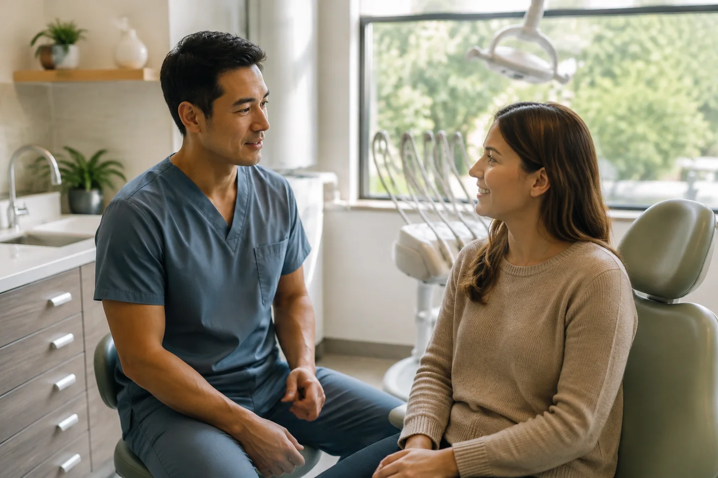 A dentist speaking with a patient in a neighborhood dental practice