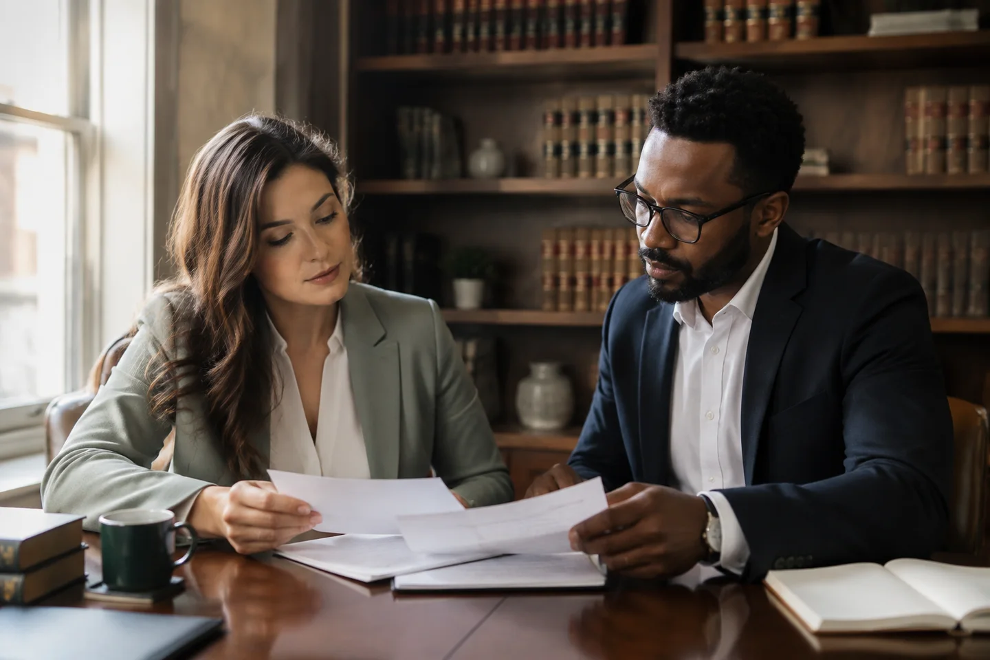 Two people reviewing documents during an office consultation