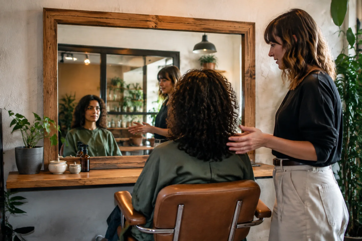 A stylist discussing a client's hair in a salon