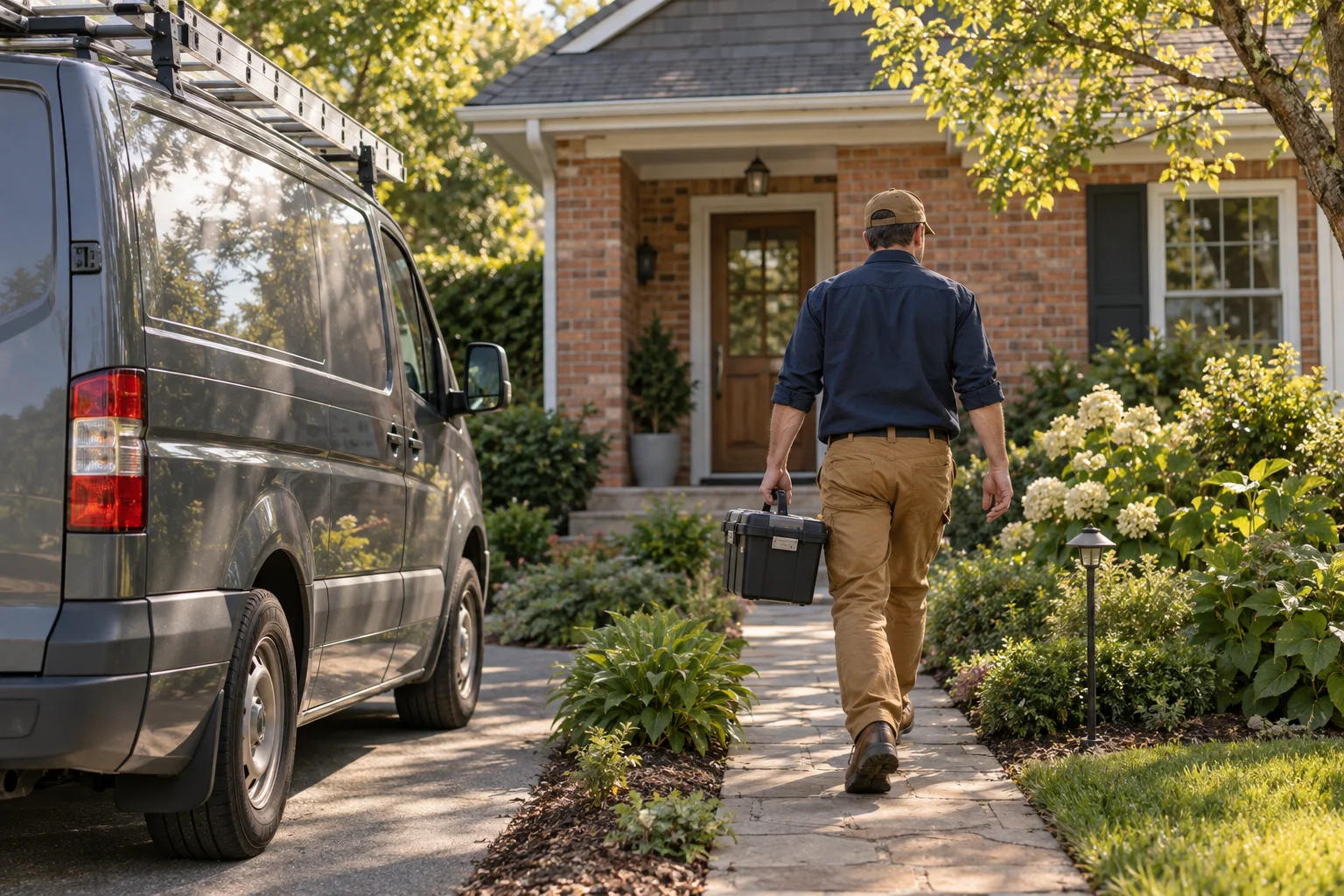 AI-generated editorial scene of a home services technician carrying a toolbox from a work van to a house