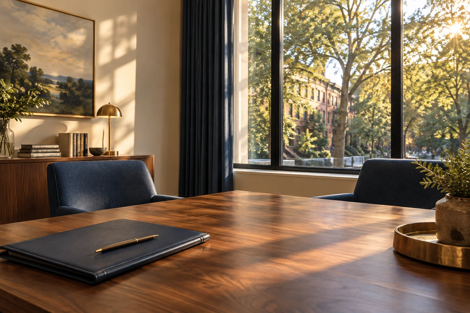 AI-generated editorial scene of a quiet neighborhood law office with a walnut meeting table